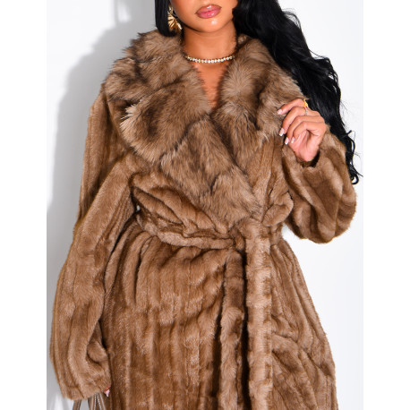 Premium faux fur long coat with belt