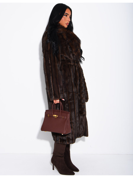 Premium faux fur long coat with belt