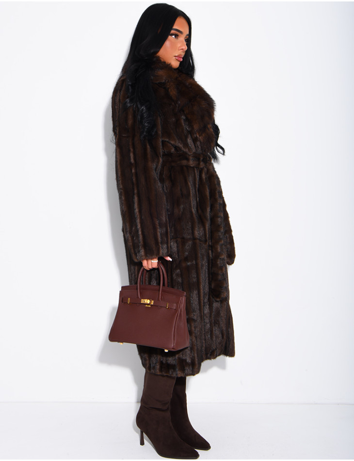 Premium faux fur long coat with belt