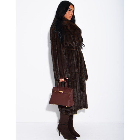 Premium faux fur long coat with belt