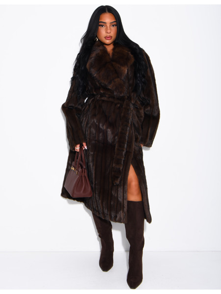 Premium faux fur long coat with belt