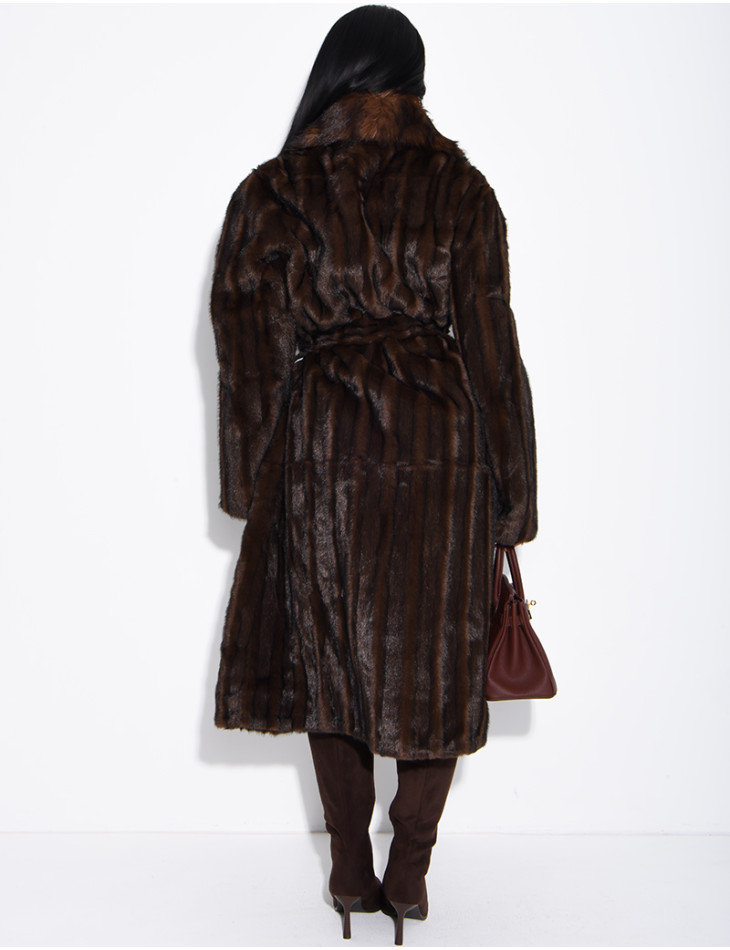Premium faux fur long coat with belt