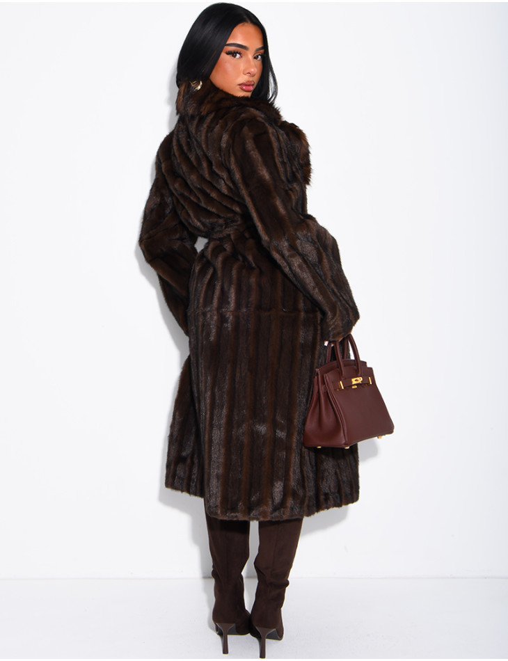 Premium faux fur long coat with belt