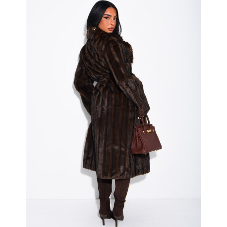 Premium faux fur long coat with belt