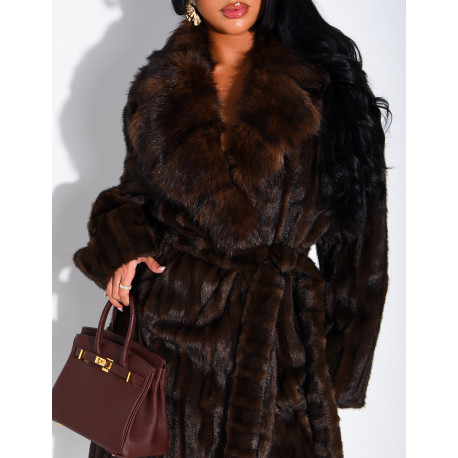 Premium faux fur long coat with belt