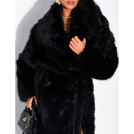 Manteau très long en fausse fourrure et ceinture