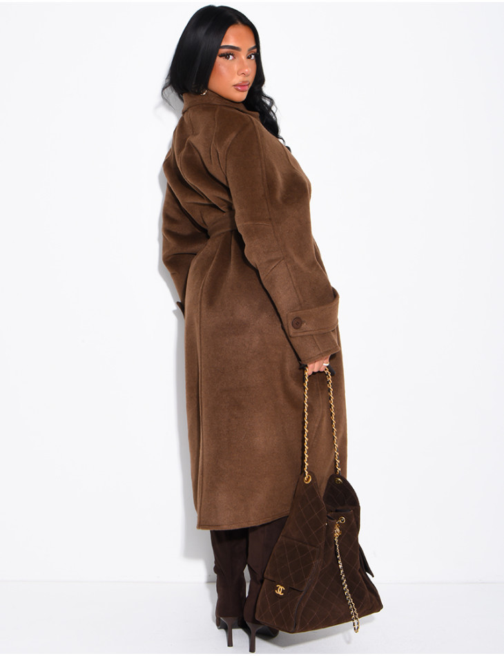 Long wool coat with a stand-up collar