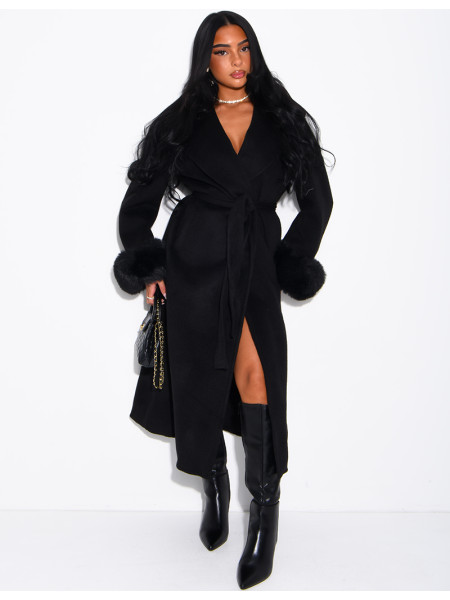 Extra-long wool coat with fur cuffs
