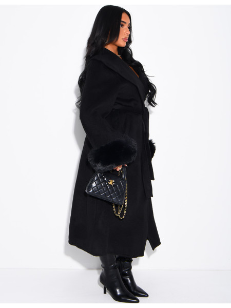 Extra-long wool coat with fur cuffs