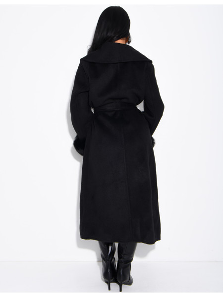 Extra-long wool coat with fur cuffs