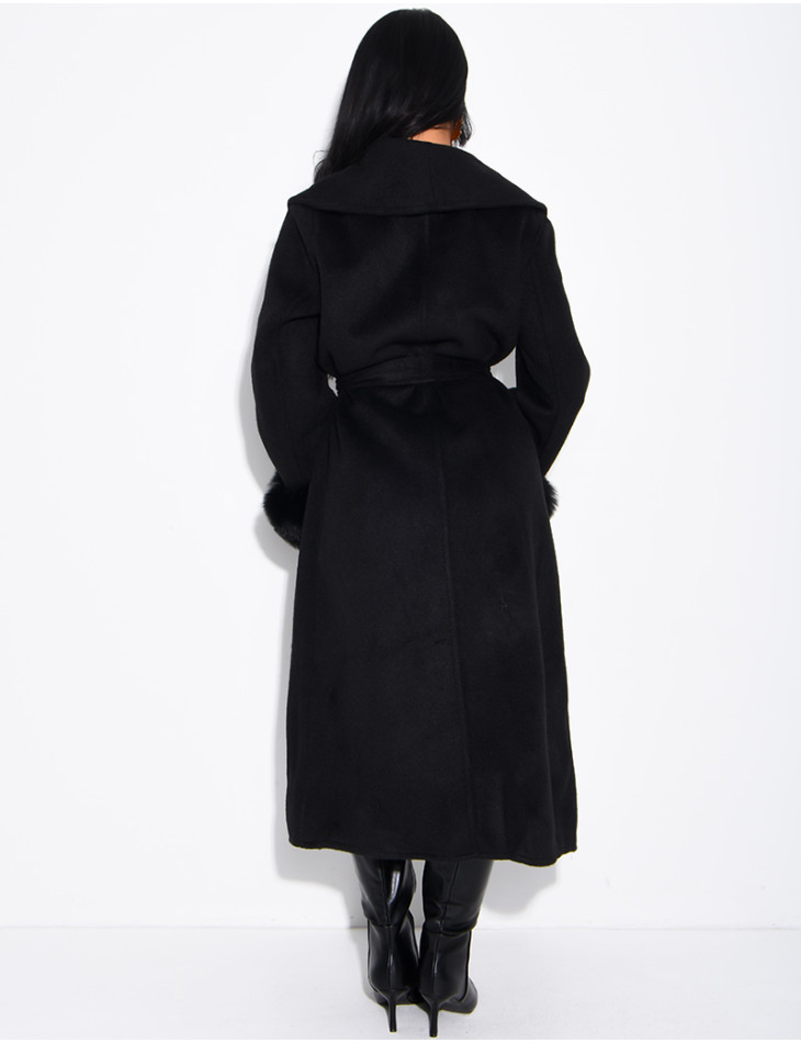 Extra-long wool coat with fur cuffs