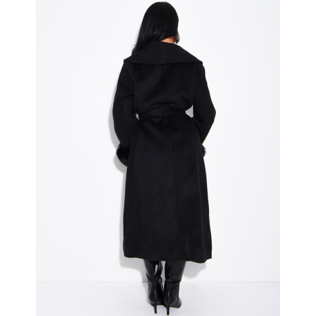Extra-long wool coat with fur cuffs