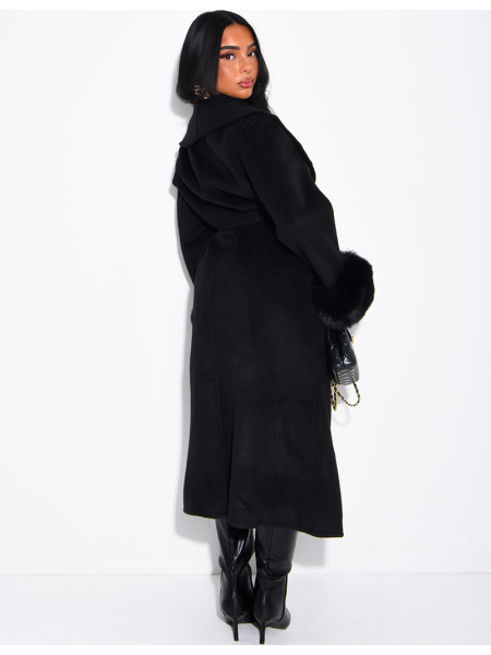 Extra-long wool coat with fur cuffs