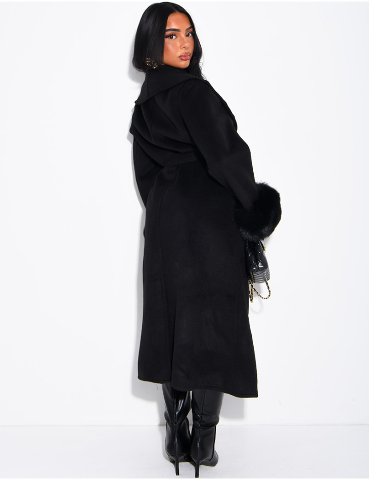 Extra-long wool coat with fur cuffs