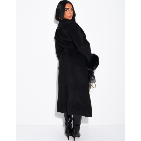 Extra-long wool coat with fur cuffs