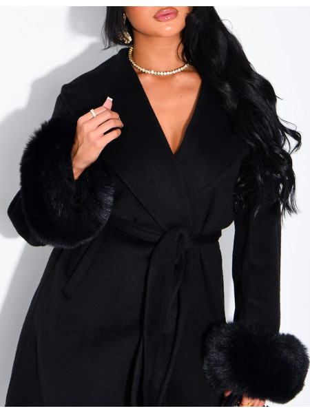 Extra-long wool coat with fur cuffs