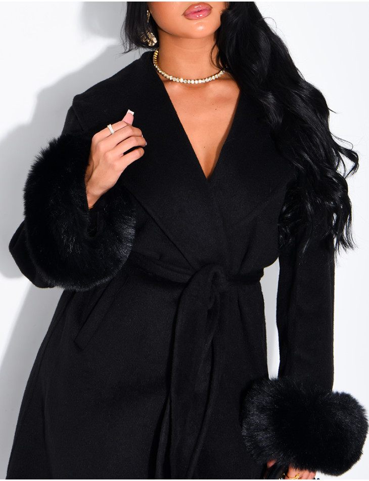 Extra-long wool coat with fur cuffs