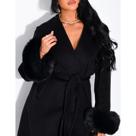 Extra-long wool coat with fur cuffs