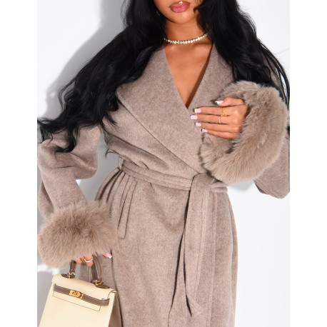 Extra-long wool coat with fur cuffs