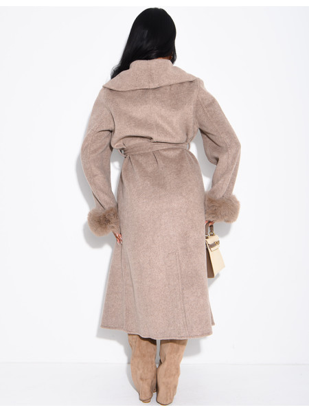 Extra-long wool coat with fur cuffs