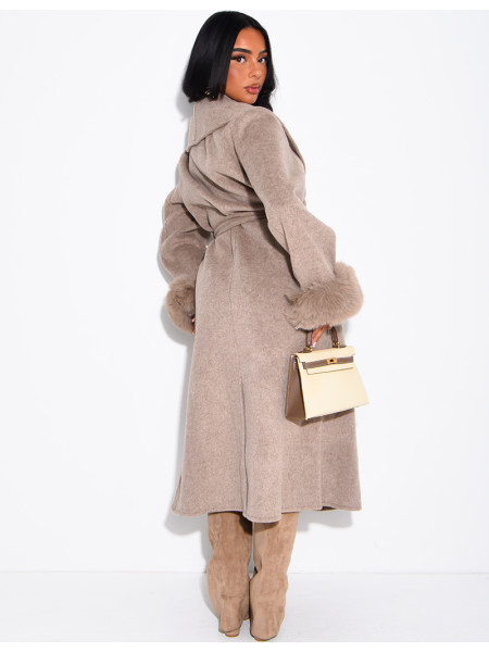 Extra-long wool coat with fur cuffs
