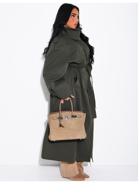 Langer, Oversize-Trenchcoat mit Stehkragen und Gürtel in der Taille