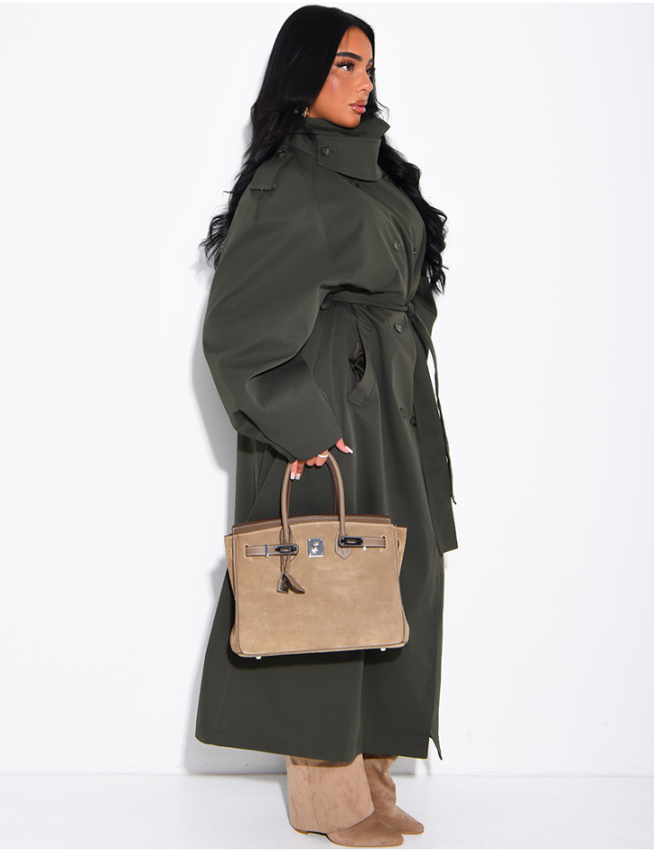 Langer, Oversize-Trenchcoat mit Stehkragen und Gürtel in der Taille