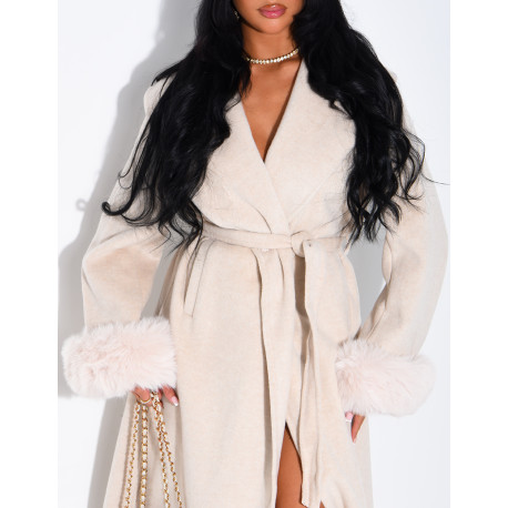 Extra-long wool coat with fur cuffs