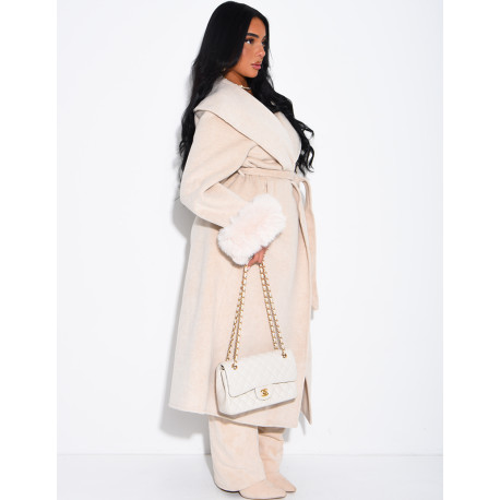 Extra-long wool coat with fur cuffs