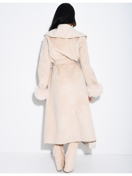 Extra-long wool coat with fur cuffs