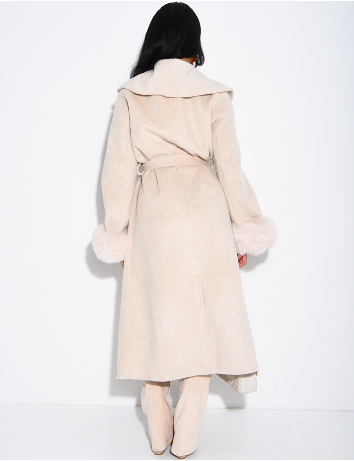 Extra-long wool coat with fur cuffs