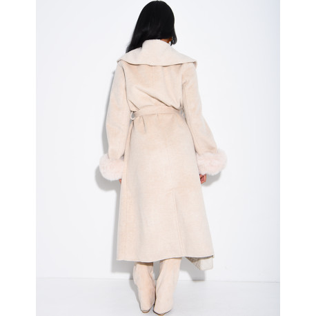Extra-long wool coat with fur cuffs