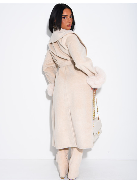 Extra-long wool coat with fur cuffs