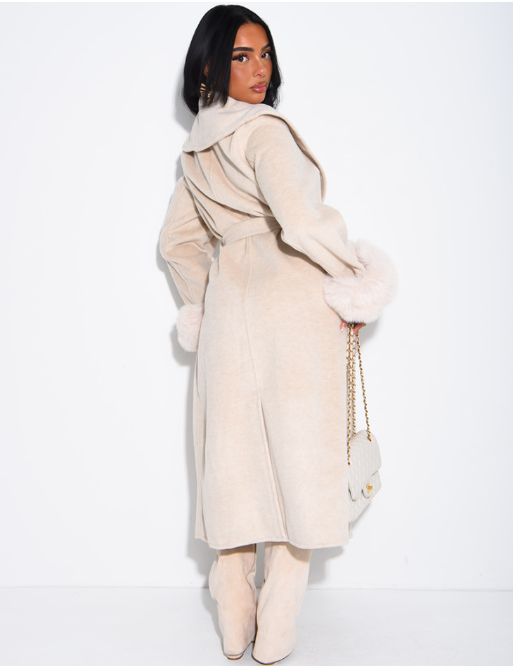 Extra-long wool coat with fur cuffs