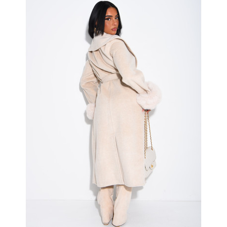 Extra-long wool coat with fur cuffs