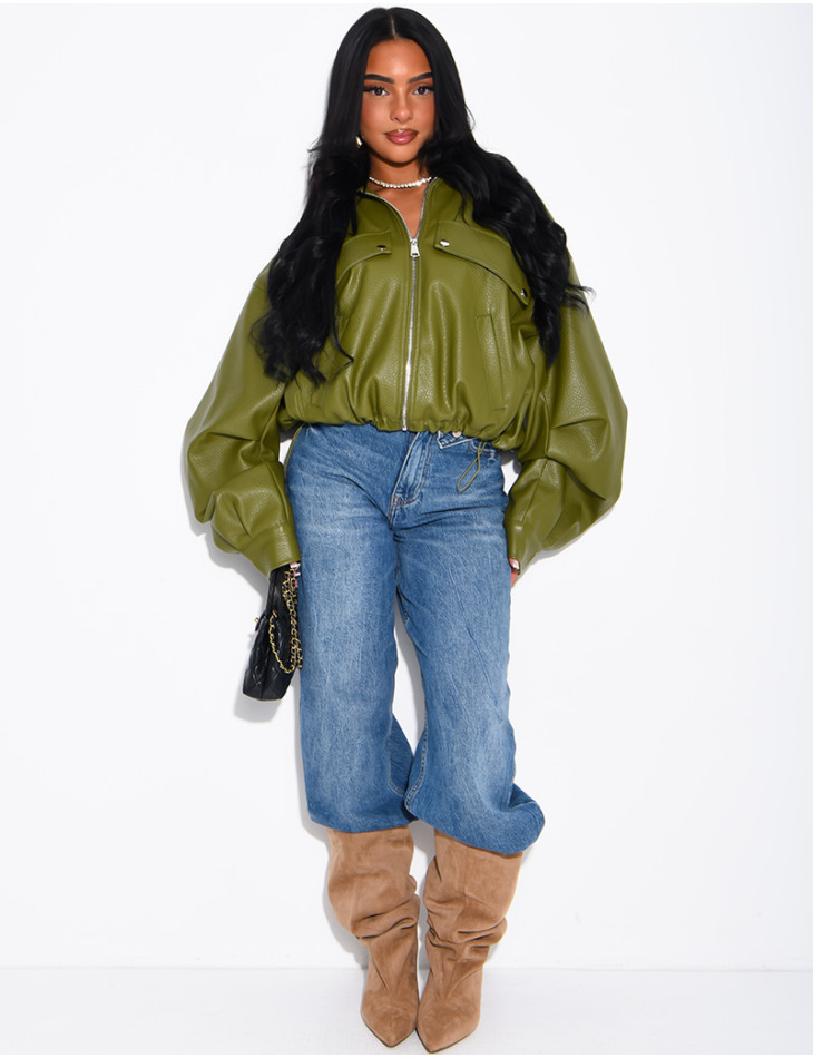 Veste courte en similicuir effet bouffant