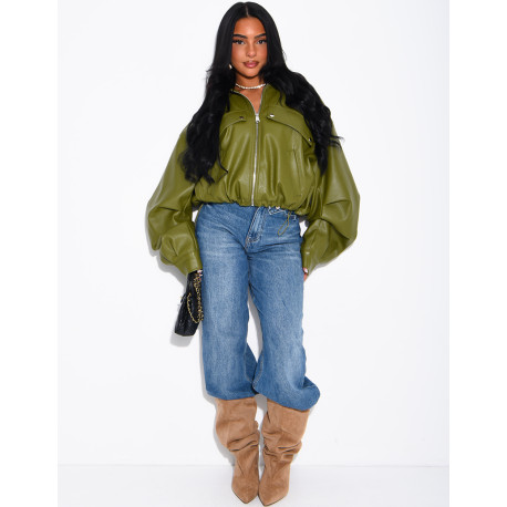 Veste courte en similicuir effet bouffant