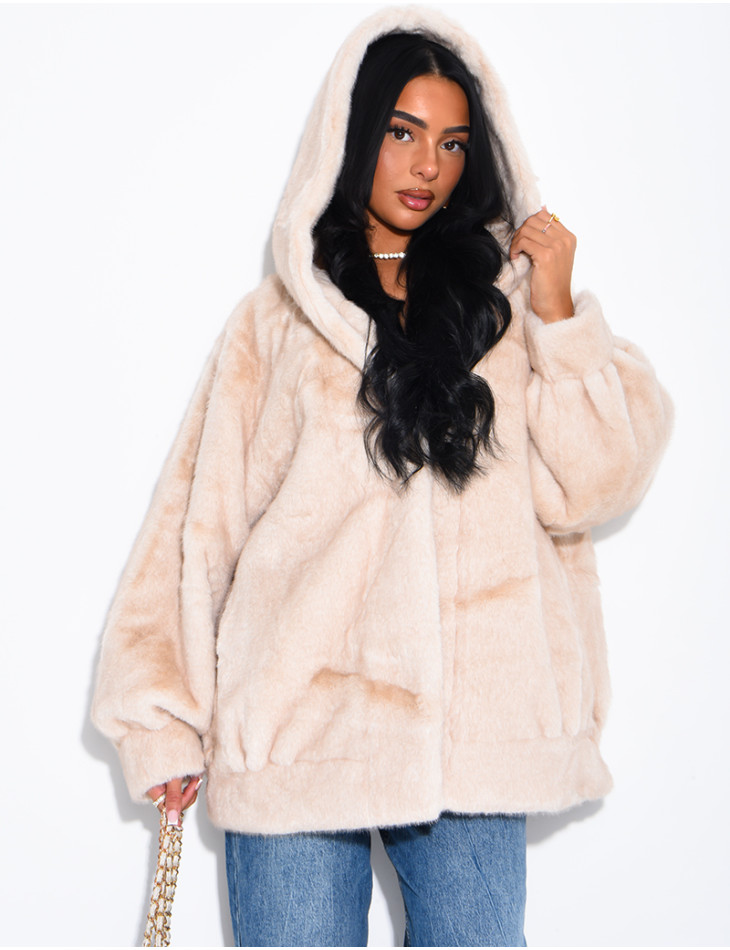 Oversized faux fur jacket with hood