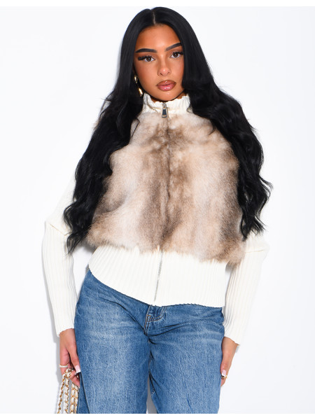 Short ribbed cardigan with fur inserts