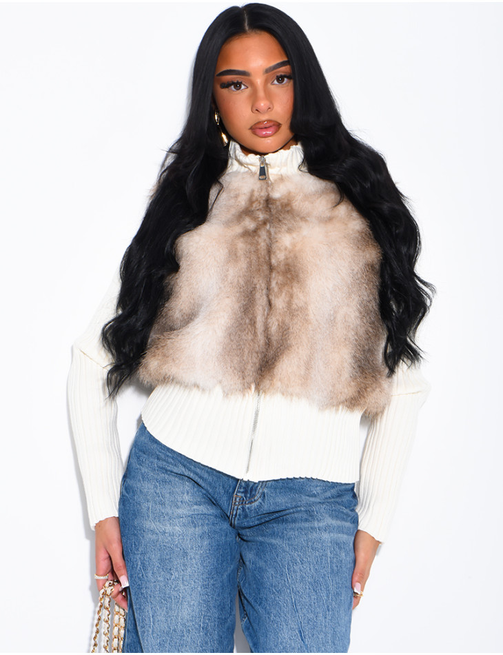 Short ribbed cardigan with fur inserts