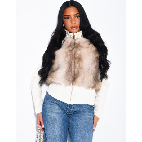 Short ribbed cardigan with fur inserts
