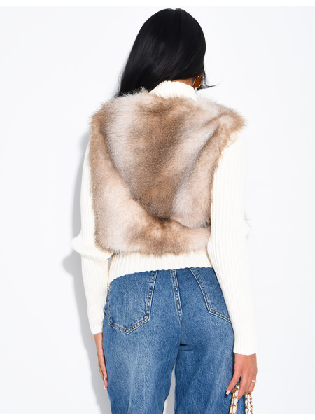 Short ribbed cardigan with fur inserts