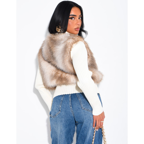 Short ribbed cardigan with fur inserts