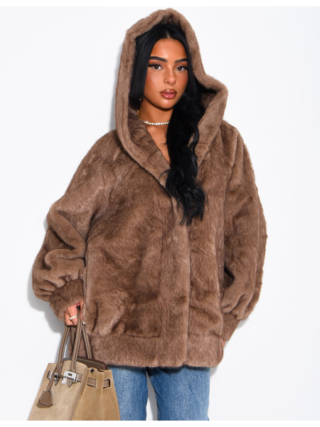 Oversize-Jacke aus Kunstfell mit Kapuze