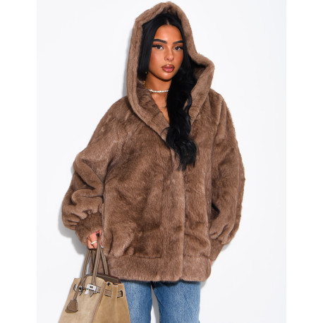 Oversize-Jacke aus Kunstfell mit Kapuze