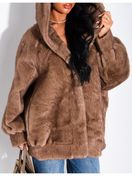 Oversize-Jacke aus Kunstfell mit Kapuze