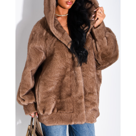 Oversize-Jacke aus Kunstfell mit Kapuze