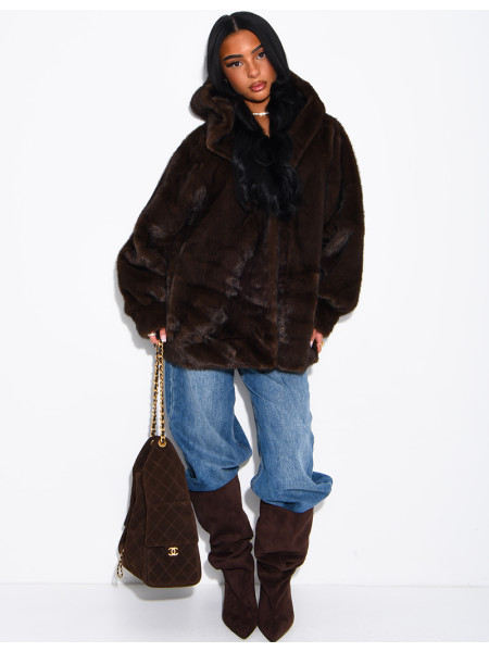 Oversized faux fur jacket with hood