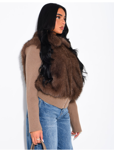 Ribbed knit cardigan with faux fur insert