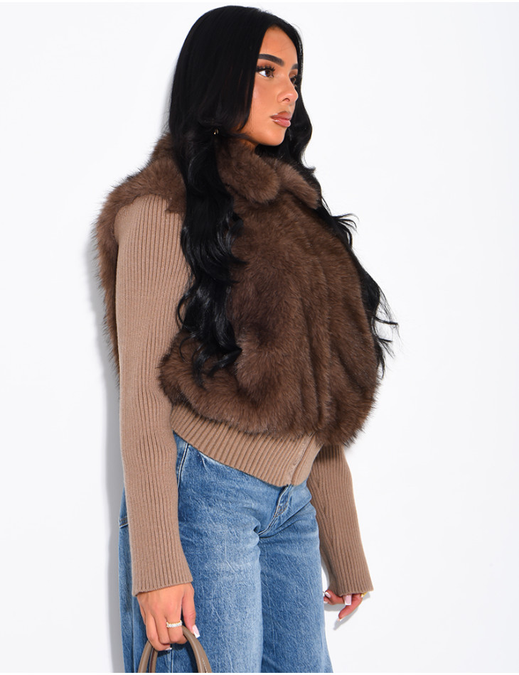 Ribbed knit cardigan with faux fur insert